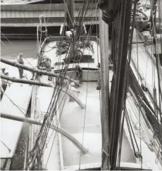  ??  ?? Right: Grain – 155 tons of it – pours into Memory’s hold from the silo