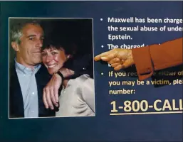  ?? JOHN MINCHILLO — THE ASSOCIATED PRESS ?? Ghislaine Maxwell, pictured in the poster, has been charged for her alleged role in the sexual exploitati­on and abuse of multiple minor girls by Jeffrey Epstein, left.