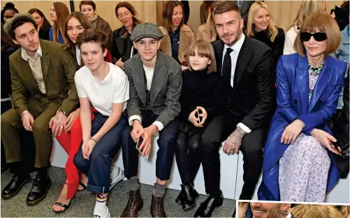  ??  ?? Brooklyn, his girlfriend hana, Cruz, romeo, harper, David and anna Wintour