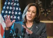  ?? MANUEL BALCE CENETA/AP ?? Vice President Kamala Harris speaks during a roundtable discussion to advance efforts to address the root causes of migration Monday.