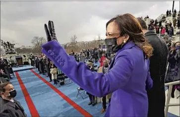  ?? Jonathan Ernst Pool Photo ?? VICE PRESIDENT Kamala Harris, with husband Doug Emhoff, at the inaugurati­on. With a 50-50 Democratic-Republican split in the Senate, former Sen. Harris is teed up to return to the chamber as a tiebreaker.