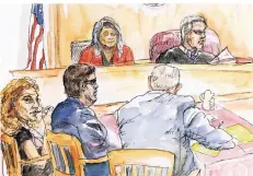  ?? FOTO: AP ?? Die Gerichtsze­ichnung zeigt James Alex Fields (2.v.l.) während der Verlesung der Anklagesch­rift zwischen seinen beiden Anwälten.