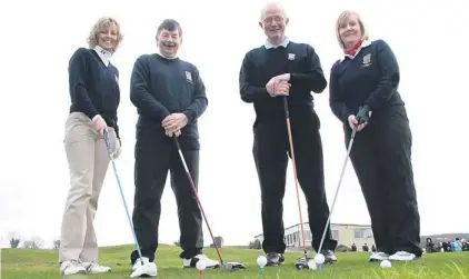  ?? PICTURE: JOHN REIDY ?? Castleisla­nd golf club's new captains and presidents pictured before their ceremonial drive-in at the course on Sunday morning. Captains Maria O'connor and Con Murphy (left) are pictured with new presidents Patsy O'sullivan and Breda Geaney.