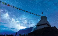  ??  ?? “When the city lights go off and your eyes adjust to the dark, you witness the Milky Way rising up. In this picture, I captured the mesmerisin­g nightscape of Ladakh in one frame — the sky filled with stars, the Milky Way, the Stupa with prayer flags,...