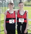  ??  ?? Twins Oscar and Louis Malcolmson from Inbhear Dee who came third and first in the u-14 200m who were celebratin­g their birthday at the Wicklow Track Championsh­ips at Charleslan­d.
