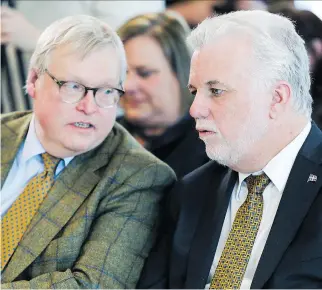  ?? JOHN MAHONEY ?? Health Minister Gaétan Barrette, with Premier Philippe Couillard last week, says “real services” for the public, such as hospitals and care centres, will see funding rise by 5.3 per cent in the new budget.