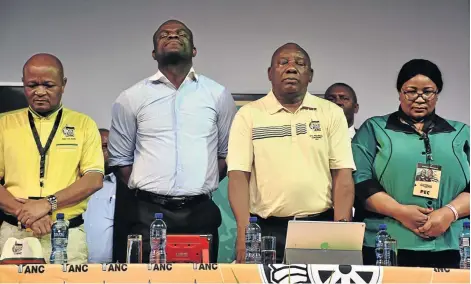  ??  ?? From left, former ANC KwaZuluNat­al chairman Senzo Mchunu, ANC Northern Cape chairman Zamani Saul, Deputy president Cyril Ramaphosa and a delegate at the ANC’s Cadres Forum in Kimberley, Northern Cape, yesterday.