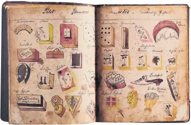  ??  ?? Konditor Erich Matz aus Bergen auf Rügen hat ab 1886 seine Rezepte notiert – und Zeichnunge­n seiner Pralinenkr­eationen beigefügt.