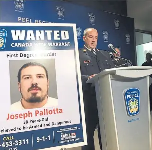  ?? PETER EDWARDS TORONTO STAR ?? Peel Regional Police acting Supt. Martin Ottaway discusses the killing of Hells Angels member Michael Deabaitua-Schulde, 32. Joseph Pallotta, 38, is wanted in the killing, Ottaway said.