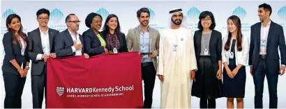  ?? Photo by Dhes Handumon ?? FIGURING THE FUTURE: His Highness Sheikh Mohammed bin Rashid Al Maktoum, Vice-President and Prime Minister of the UAE and Ruler of Dubai, with the Harvard Kennedy School of Government team, winners of the Shaping Future Government­s university...