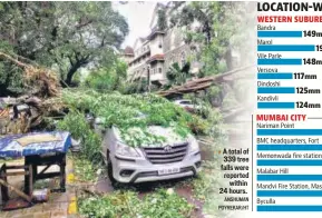  ?? ANSHUMAN POYREKAR/HT ?? A total of 339 tree falls were reported within 24 hours.