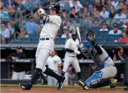  ?? AP PHOTO ?? New York Yankees player Aaron Judge reacts after being hit by a pitch during a game against the Kansas City Royals on Thursday in New York. The Yankees won 7-2.