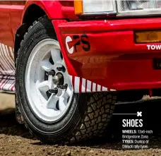  ??  ?? SHOES WHEELS: 13x6-inch Bridgeston­e Zona TYRES: Dunlop or DMack rally tyres