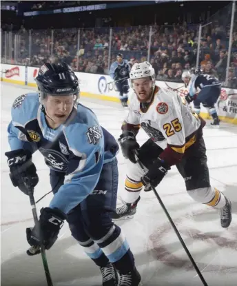  ?? CHICAGO WOLVES ?? Lucas Elvenes says adjusting to the AHL’s smaller ice surface was the biggest transition from Europe.
‘‘He’s a good guy; he’s so funny,’’ Boqvist said of Elvenes. ‘‘Always when you’re with him, you laugh. He’s a really good guy, and I see him heating up in the AHL, as well. So hopefully he gets the chance to play in Vegas soon.’’
‘‘We’re very good friends,’’ Elvenes said. ‘‘When he plays here, we always talk and we always try to figure some time [to get together] and eat dinner or something. But I’m glad he’s close to me.’’
Boqvist and Elvenes had the chance to catch up briefly after a Wolves-IceHogs game earlier this season.
‘‘That time you don’t have that much time to do stuff,’’ Boqvist said. ‘‘You just want to relax, maybe go for a walk. But maybe soon we will catch up.’’
Elvenes, who has emerged this season as one of the top rookies in the AHL, joined the Sun-Times in the Chat Room this week.