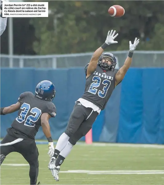  ?? PHOTO D’ARCHIVES AGENCE QMI ?? Jordan Perrin (no 23) a été muté du côté court en relève de Zachary Alexis dont la saison est terminée.