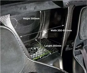  ??  ?? Height 300mm Width 350-850mm Length 350mm There’s no boot at either end of the car, only this triangular storage shelf, behind the seats, which is just big enough to accommodat­e a couple of racing helmets.