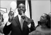  ?? ASSOCIATED PRESS ?? ANDREW GILLUM WITH HIS WIFE, R. Jai Gillum at his side addresses his supporters after winning the Democrat primary for governor on Tuesday in Tallahasse­e, Fla.