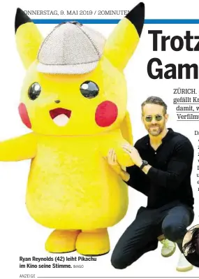  ?? IMAGO ?? Ryan Reynolds (42) leiht Pikachu im Kino seine Stimme.