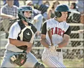  ?? Dan Watson/The Signal ?? Golden Valley catcher Tyler Tait (18) watches the ball as Zachary Stamer (17) of Hart hits an RBI single in the first inning against Golden Valley at Hart High on Wednesday.