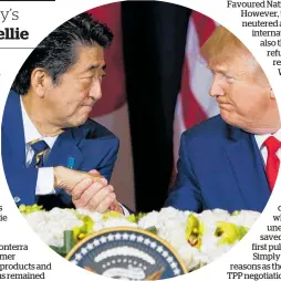  ?? Photo / AP ?? Japanese Prime Minister Shinzo Abe and US President Donald Trump shake on the trade deal during the UN General Assembly in New York last month.