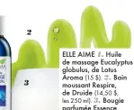  ??  ?? 1 2 3
ELLE AIME 1. Huile de massage Eucalyptus globulus, de Lotus Aroma (15 $). 2. Bain moussant Respire, de Druide (14,50 $,
les 250 ml). 3. Bougie parfumée Essence de rêve au bois de rose et à l’eucalyptus, de Fruits & Passion (15,50 $).