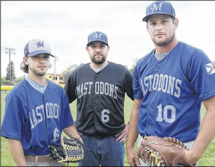  ?? joey smihT.Truro Daily News ?? Coby Crowell, left, Mike Wood and Patrick Stewart are members of the East Hants Mastodons, who will compete at the Canadian senior men’s fastpitch championsh­ip, beginning today in Saskatoon.