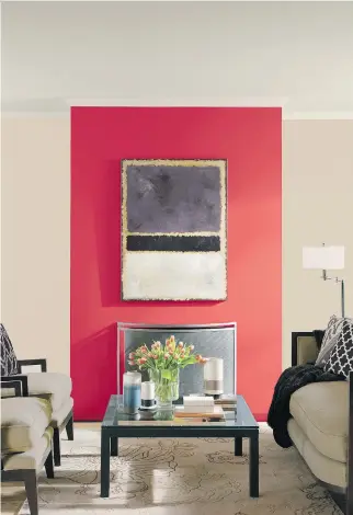  ?? PPG/THE ASSOCIATED PRESS ?? PPG Paints’ recent customer survey found red is a top choice. Above, PPG’s Red Gumball is used as an accent colour in a neutral room, but you could go all out and paint the whole room red.