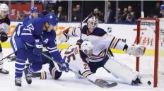  ?? JACK BOLAND ?? Leafs forward Patrick Marleau scores his 549th career goal Wednesday in Toronto, beating Edmonton Oilers goalie Mikko Koskinen.