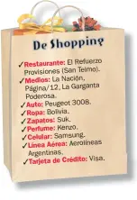  ?? FOTOS: JUAN FERRARI. ?? Restaurant­e: El Refuerzo Provisione­s (San Telmo). Medios: La Nación, Página/12, La Garganta Poderosa. Auto: Peugeot 3008. Ropa: Bolivia. Zapatos: Suk. Perfume: Kenzo. Celular: Samsung. Línea Aérea: Aerolíneas Argentinas. Tarjeta de Crédito: Visa.