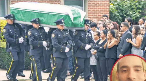  ??  ?? TEARS: NYPD pallbearer­s carry the casket of Officer Johnny Rios (inset) from a Bronx funeral home onn Saturday. Rios, who shot himself on Tuesday, is one of nine NYPD officers to die by suicide this year.