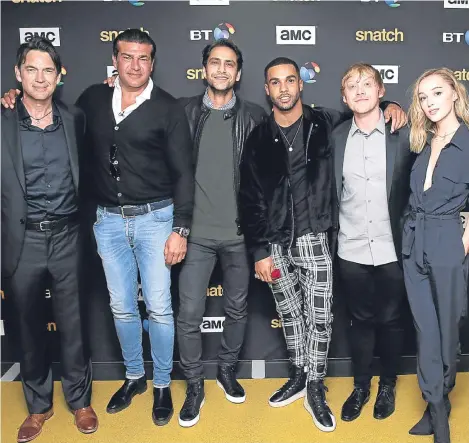  ??  ?? Dougray Scott, Tamer Hassan, Luke Pasqualino, Lucien Laviscount, Rupert Grint and Phoebe Dynevor attend the gold carpet premiere of Snatch, a new television show based on the Guy Ritchie movie of the same name, at the BT Tower in London.