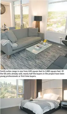  ??  ?? Smith suites range in size from 449 square feet to 1,680 square feet. Of the 68 units already sold, nearly half the buyers in the project have been young profession­als or first-time buyers.
