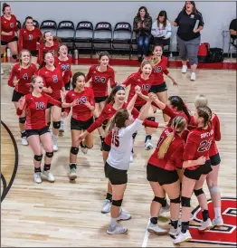  ?? Cory Rubin/The Signal (See additional photos on signalscv.com) ?? Santa Clarita Christian School celebrates a win over Coastal Christian second round of the CIF-SS Division 8 playoffs at SCCS Monday night. in the