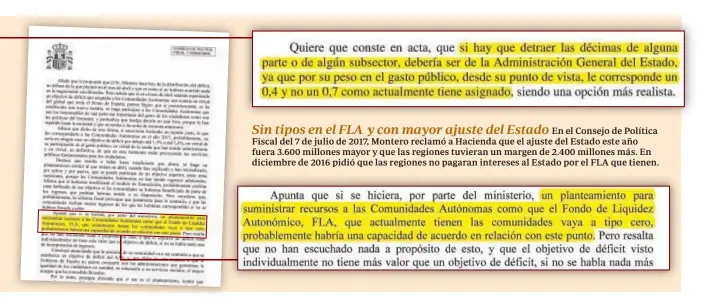  ??  ?? Sin tipos en el FLA y con mayor ajuste del EstadoEn el Consejo de Política Fiscal del 7 de julio de 2017, Montero reclamó a Hacienda que el ajuste del Estado este año fuera 3.600 millones mayor y que las regiones tuvieran un margen de 2.400 millones más. En diciembre de 2016 pidió que las regiones no pagaran intereses al Estado por el FLA que tienen.