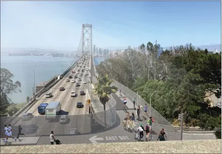  ?? COURTESY MTC ?? This rendering shows the proposed bike and pedestrian path along the western span of the Bay Bridge.