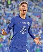  ?? — AP ?? Chelsea’s Kai Havertz celebrates after scoring a goal against Manchester City in the Champions League final in Porto on Saturday.