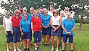  ?? ?? Bath Golf Club ladies celebrate with Stockwood Vale (blue) after they both secured promotion in the Somerset Inter-club League