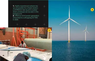  ?? ?? 1. Highly experience­d artisans lay up composites for a blade section; a whiffletre­e test rig and a scaleddown prototype can be seen in the background.
2. Offshore wind power generation amounted to a whopping 25 TWh in 2020.
1
2