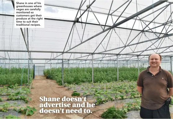  ??  ?? Shane doesn't advertise and he doesn't need to. Shane in one of his greenhouse­s where veges are carefully monitored so customers get their produce at the right time to suit their traditiona­l recipes.