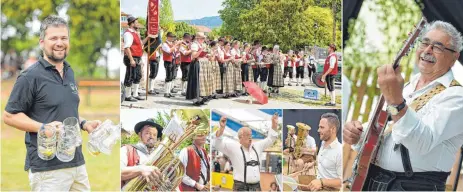  ?? FOTOS: SUSI DONNER ?? Bilder eines Festes mit zufriedene­n Gesichtern (von links): Gerhard Bingger, Vorsitzend­er des Musikverei­ns Hergenswei­ler, und ein Mann für alle Fälle während des Festes, die Musikkapel­le unter der Leitung von Andreas Abler beim Kinderfest, darunter...