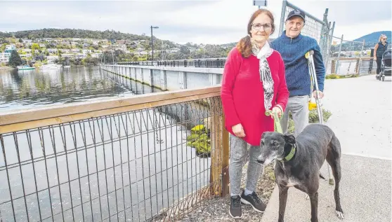  ?? Picture: Richard Jupe ?? Long term Bellerive residents Joanne and Victor Marsh with their dog Miss Eloise are concerned about the Bellerive Pier costs.