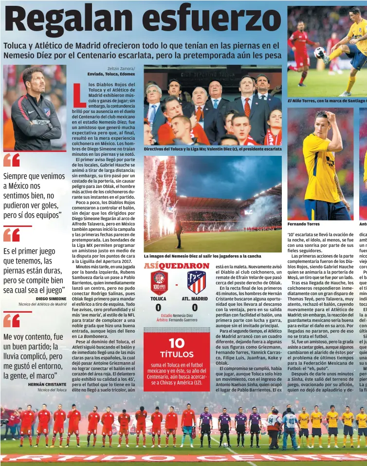  ??  ?? DIEGO SIMEONE HERNÁN CRISTANTE Enviada, Toluca, Edomex Directivos del Toluca y la Liga Mx; Valentín Diez (c), el presidente escarlata La imagen del Nemesio Diez al salir los jugadores a la cancha El Niño Torres, con la marca de Santiago G Fernando...