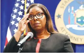  ?? AP FILE PHOTO/KATHY WILLENS ?? New York State Attorney General Letitia James announces a state lawsuit against the National Rifle Associatio­n during a press conference in New York. A New York judge on Thursday denied the NRA’s bid to throw out a lawsuit that seeks to put the powerful gun advocacy group out of business.
