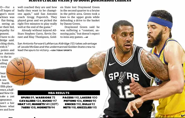  ?? —USA TODAY SPORTS ?? San Antonio forward LaMarcus Aldridge (12) takes advantage of Javale McGee and the undermanne­d Golden State crew to lead the spurs to victory.