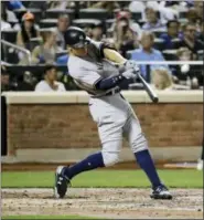  ?? FRANK FRANKLIN - THE ASSOCIATED PRESS ?? New York Yankees’ Aaron Judge hits a home run during the fourth inning of a baseball game against the New York Mets Wednesday, in New York.