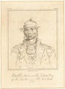  ??  ?? Engraving of Hoboithle Mico, a leader of the Creeks, based on a drawing by John Trumbull. Trumbull sketched several members of the Creek delegation during their visit to New York in 1790.