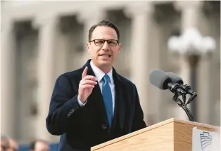  ?? MATT ROURKE/AP ?? Democratic Gov. Josh Shapiro speaks after taking the oath of office to become Pennsylvan­ia’s 48th governor on Jan. 17 at the state Capitol in Harrisburg. He will lay out his first budget plan on Tuesday.