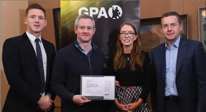  ??  ?? Ciarán Deely receives his certificat­e from GPA CEO Paul Flynn ( left), Chairperso­n of the WGPA Maria Kinsella, and Chairman of Ronoc Michael Madden during the Jim Madden GPA Leadership Programme Graduation for 2019 at NUI Maynooth last January.