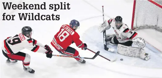  ?? JASON MALLOY ?? Valley Wildcats forward Jason Kwestel, centre, takes a shot on Pictou County Weeks Crushers goalie Kenzie MacPhail while being defended by Ray MacKinnon during Maritime Junior Hockey League action Feb. 3 in Berwick.