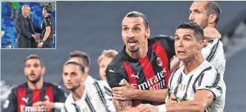  ??  ?? AC Milan's Swedish forward Zlatan Ibrahimovi­c (C) and Juventus' Portuguese forward Cristiano Ronaldo (R) eye the ball during the match. (Inset) Real Madrid's French coach Zinedine Zidane (L) shakes hands with Spanish referee Juan Martinez Munuera.